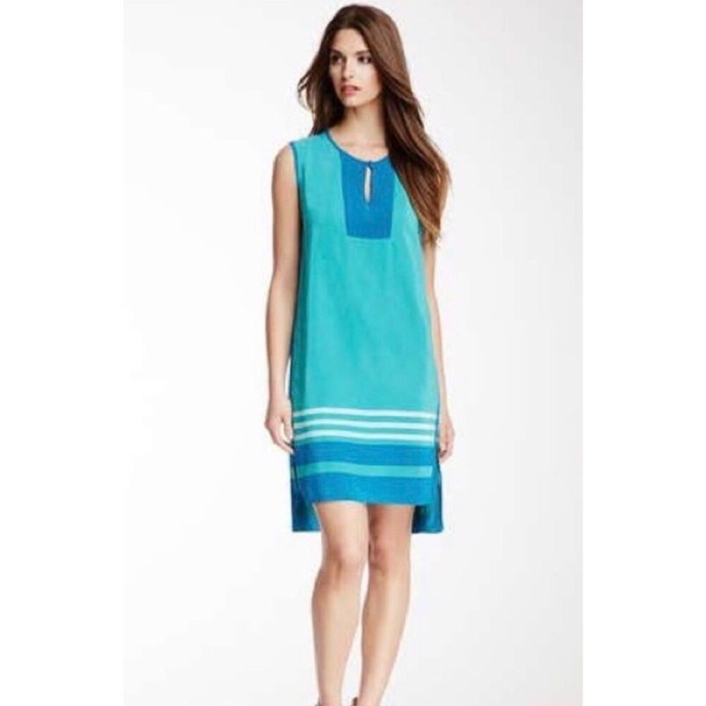 MAGASCHONI New York 100% Silk Turquoise/Cobalt Sleeveless Sheath Dress, Sz 14